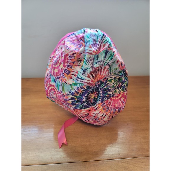 Surgical Dental Chemo Hat Bouffant Style Tie Dye with Pink Flannel Satin Ribbons - Picture 2 of 5